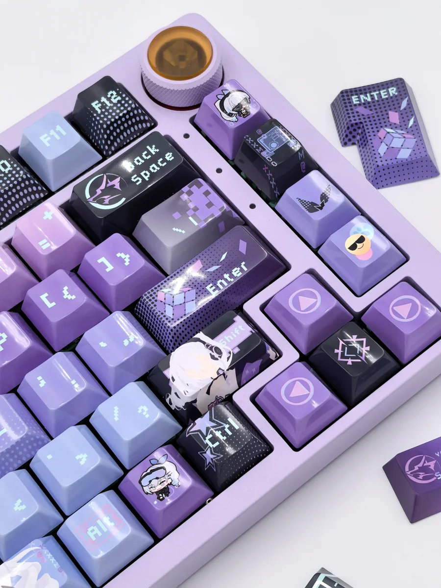 Close-up of a smooth, glossy Silver Wolf keycap set from the exclusive Honkai: Star Rail set, embodying a futuristic cyberpunk aesthetic.