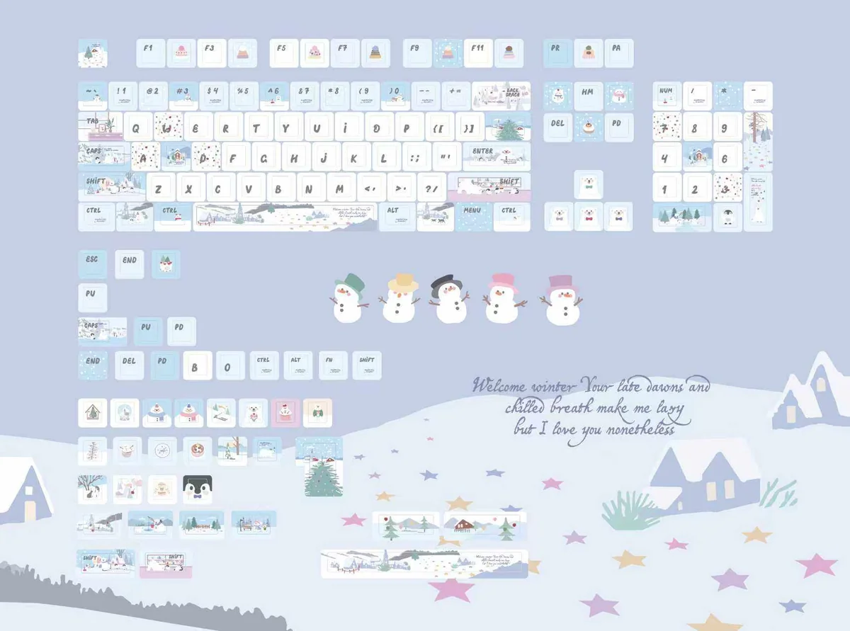 Close-up of whimsical snowman mechanical keycaps, highlighting their charming blue and white winter wonderland design.