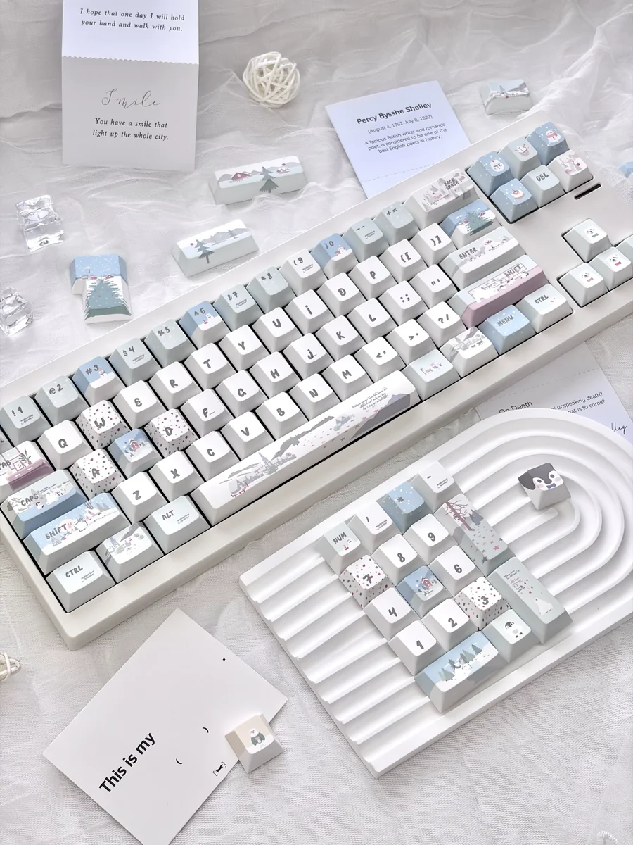 Whimsical Little Snowman 147-key mechanical keycaps, showcasing a charming blue and white winter wonderland design with playful snowflake accents.