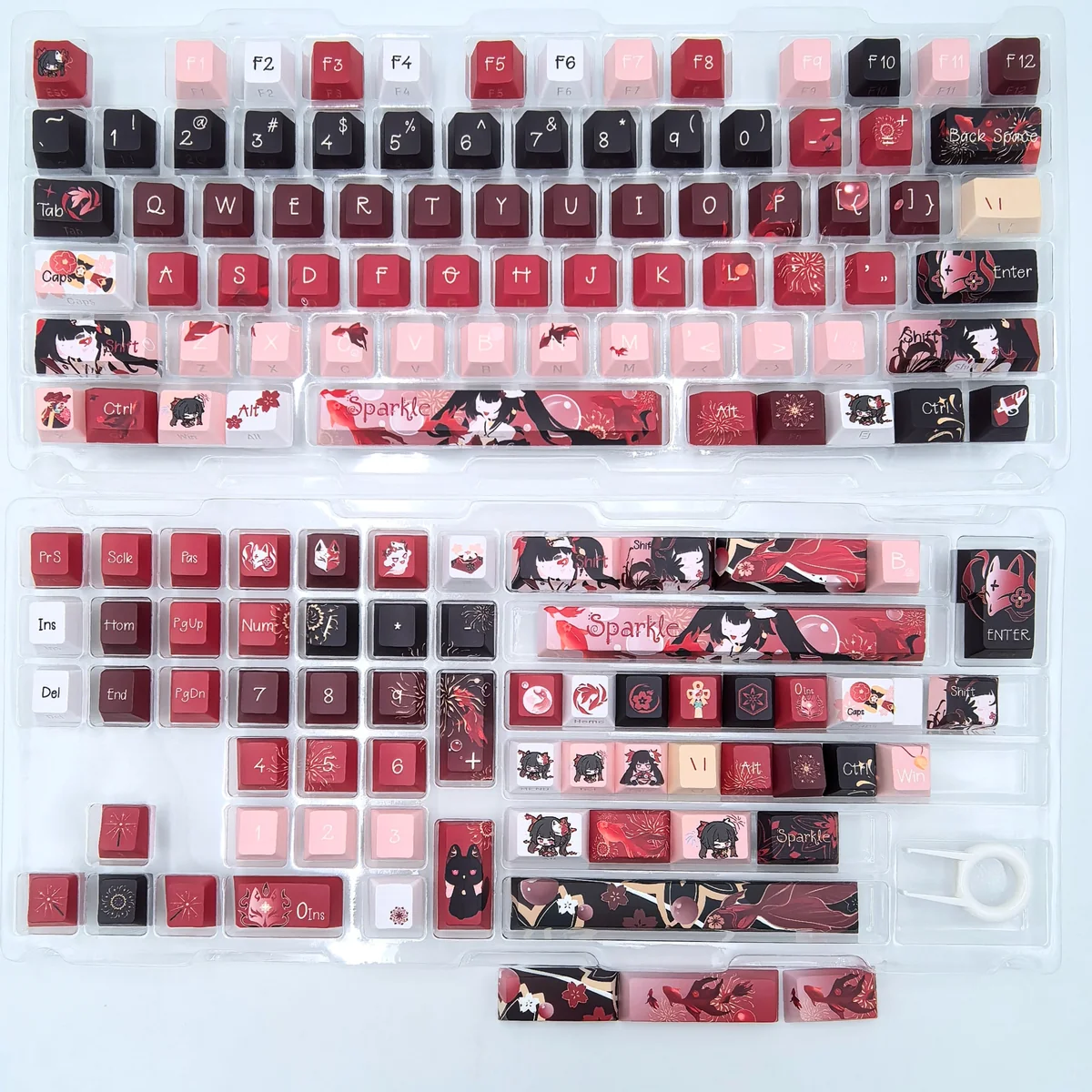 Close-up of vibrant Sparkle Keycaps Set from Honkai Star Rail, showcasing mischievous side-engraved character art and vivid colors from a unique angle.