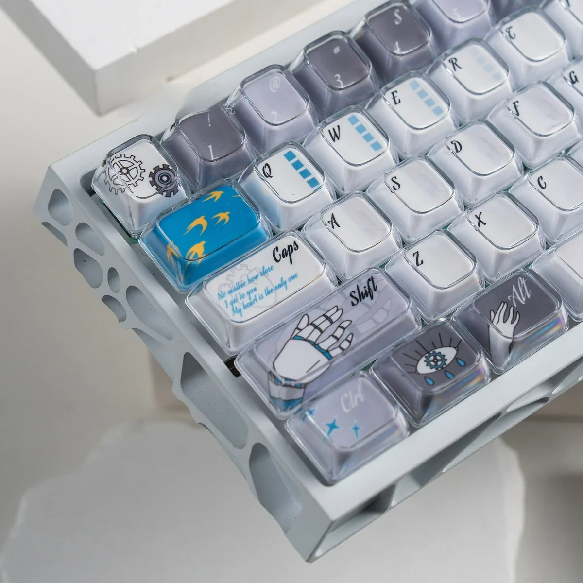Multiple views of the Spiritual Inspiration MDA PBT+PC Keycaps Set, showcasing its ergonomic MDA PBT profile, unique cosmic theme, and serene colors.