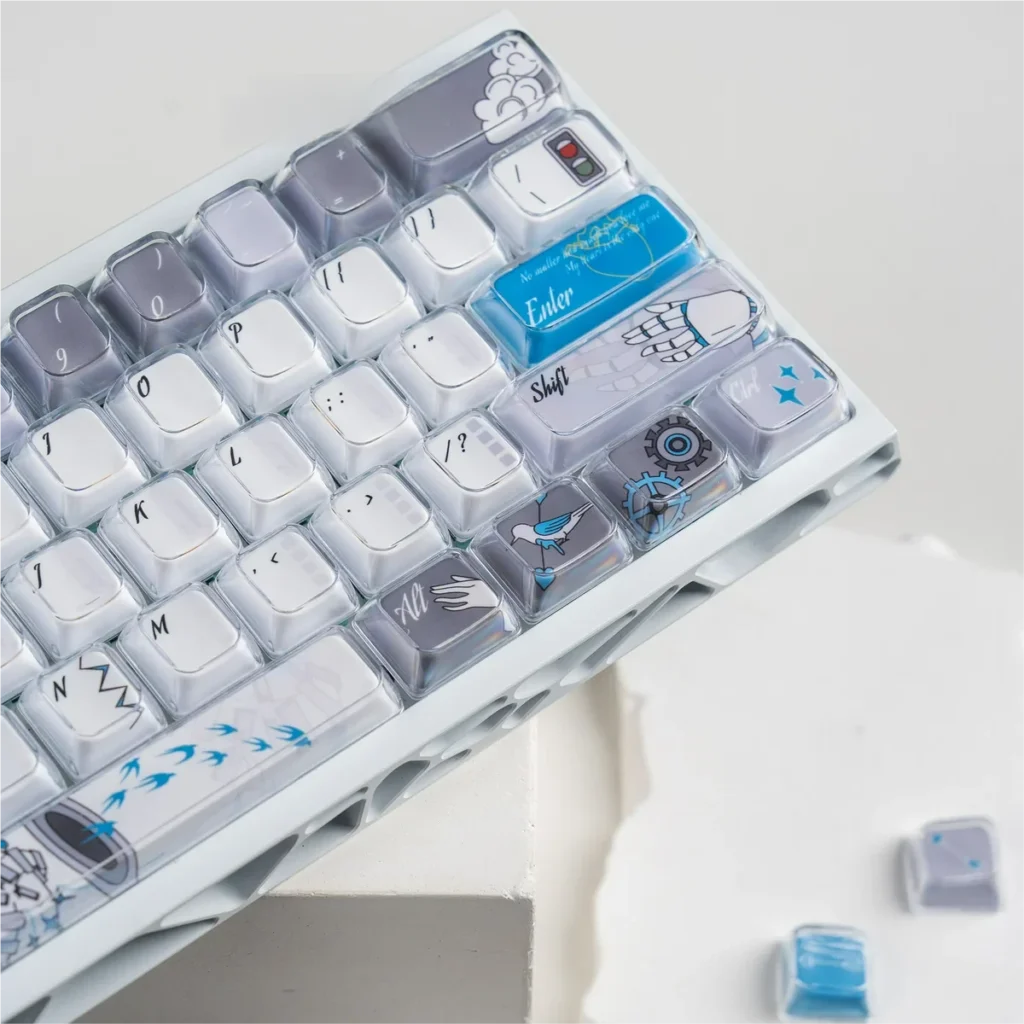Spiritual Inspiration MDA PBT+PC keycaps gallery. Ergonomic MDA PBT profile, serene inspiration colors, subtle spiritual motifs. Multiple artistic views.