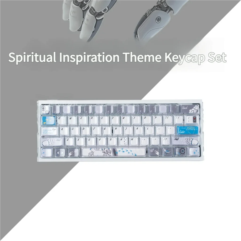 Artistic gallery view of Spiritual Inspiration MDA PBT+PC keycaps set, revealing serene cosmic patterns and ergonomic MDA profile from various angles.