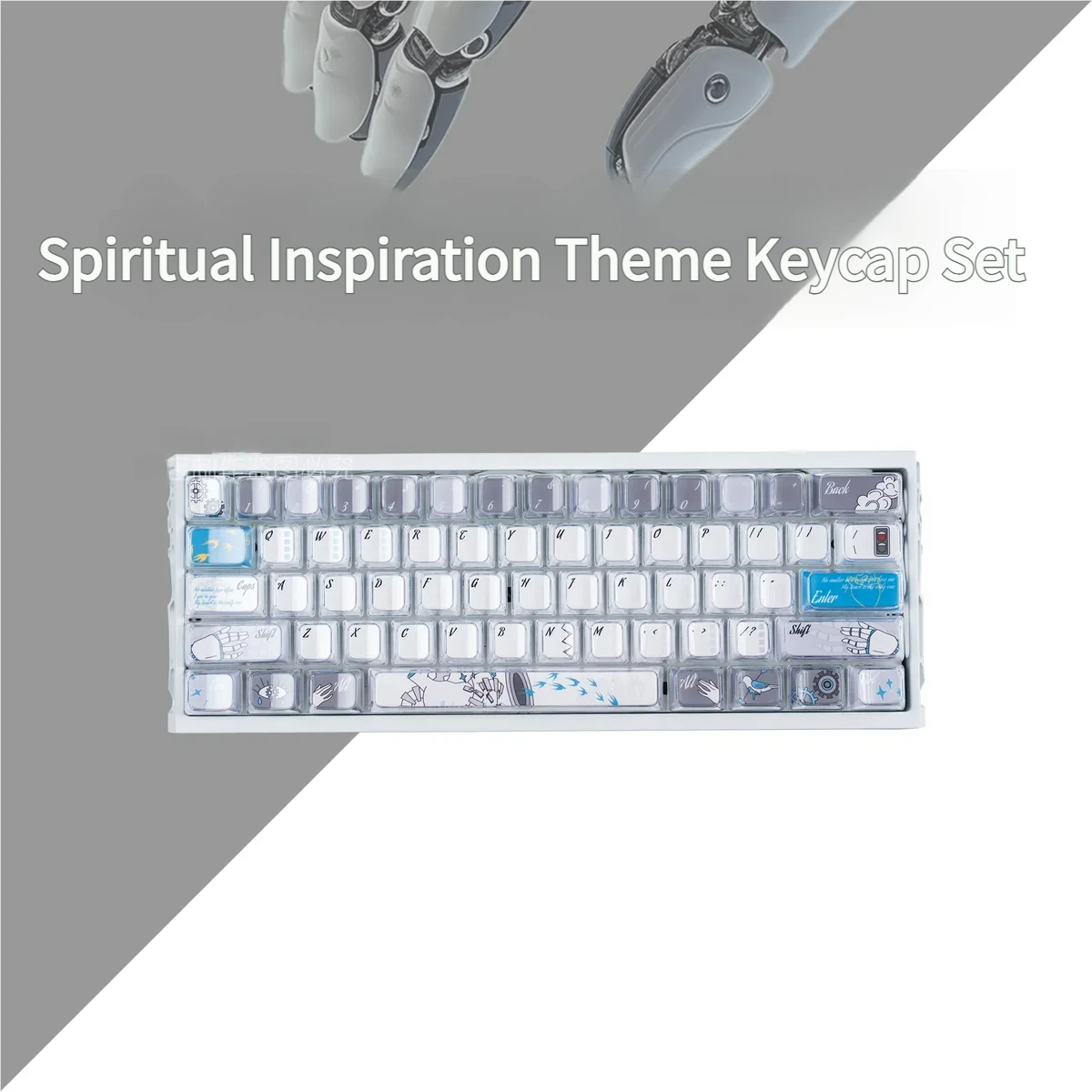 Artistic gallery view of Spiritual Inspiration MDA PBT+PC keycaps set, revealing serene cosmic patterns and ergonomic MDA profile from various angles.