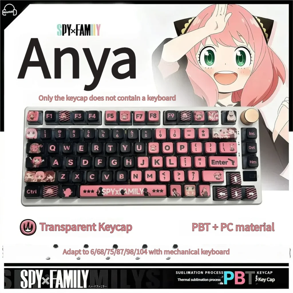 Vibrant Spy x Family PBT dye-sub backlit keycaps set featuring Anya, Loid, and Yor, glowing playfully on a mechanical keyboard.