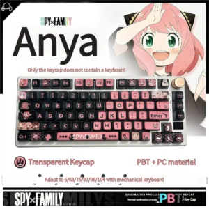 Vibrant Spy x Family PBT dye-sub backlit keycaps set featuring Anya, Loid, and Yor, glowing playfully on a mechanical keyboard.