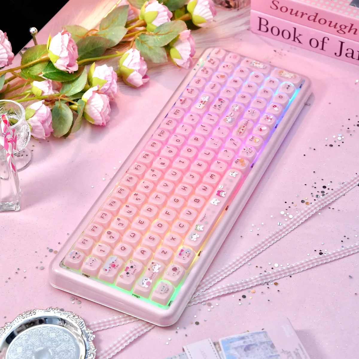 Playful Stylish X100Pro Tri-Mode Membrane Keyboard from various angles, featuring silent tri-mode connectivity, charming cat-inspired design, and soft pastel keys.