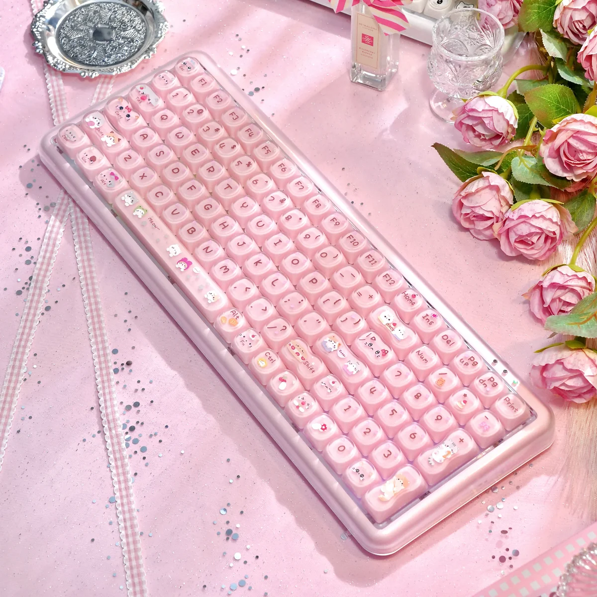 Close-up of the adorable Stylish X100Pro Tri-Mode Membrane Keyboard showcasing pastel keycaps, cute cat ear design, and a clean layout, perfect for silent typing.