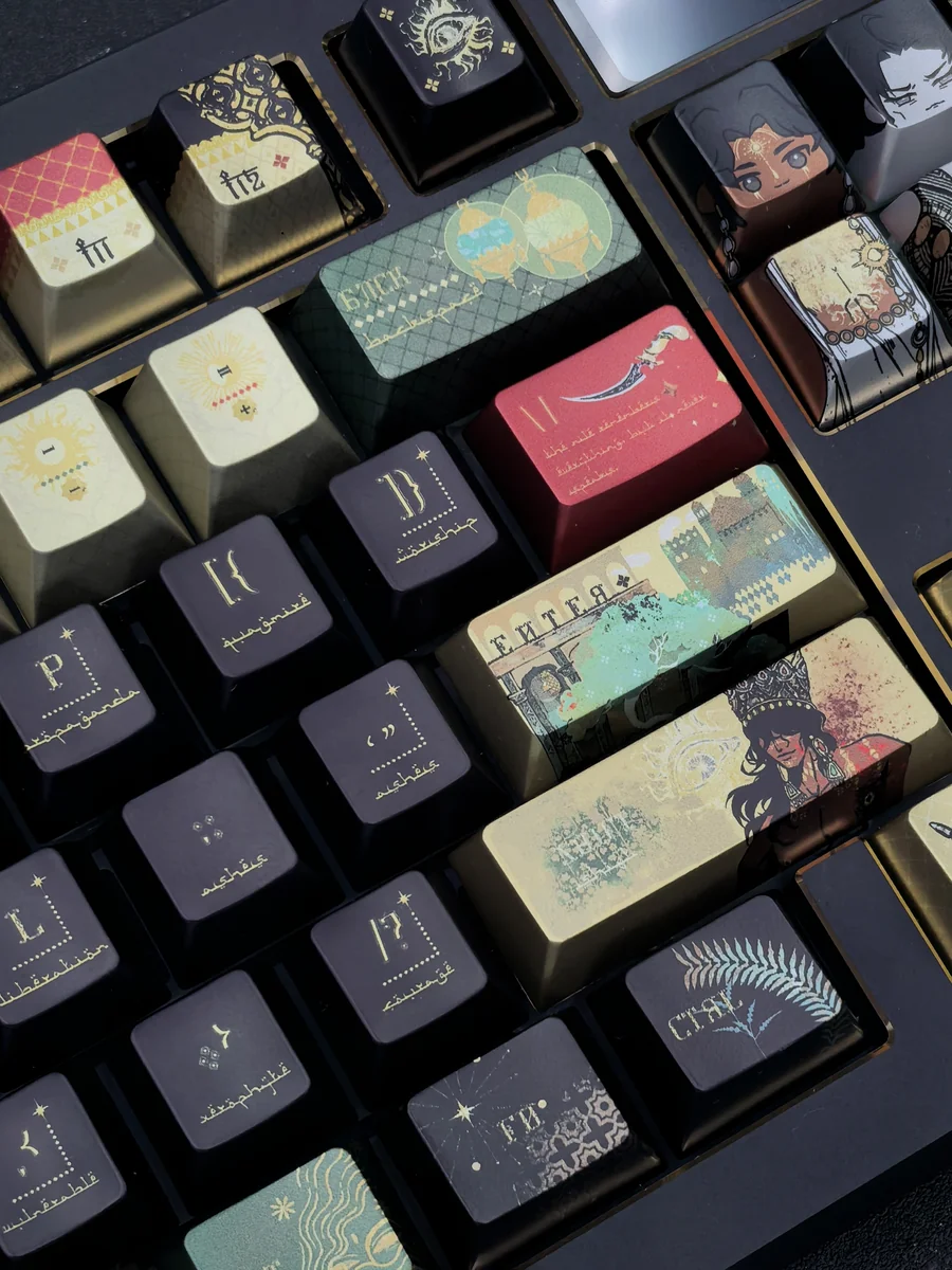 Sultan's Game Keycap Set, an opulent metallic coating artisan collectible featuring exotic Arabian motifs and a premium metallic finish, showcased from various angles.