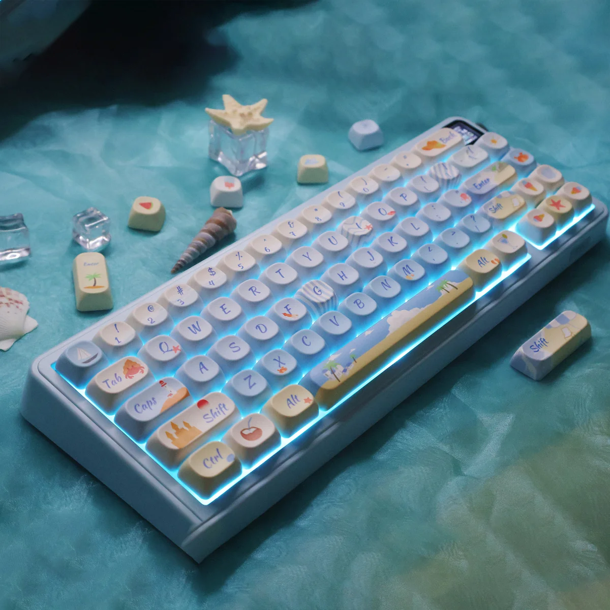 Artistic PBT dye-sublimated keycaps set capture a serene summer beach, showcasing vibrant azure and sun-drenched motifs from a detailed angle.
