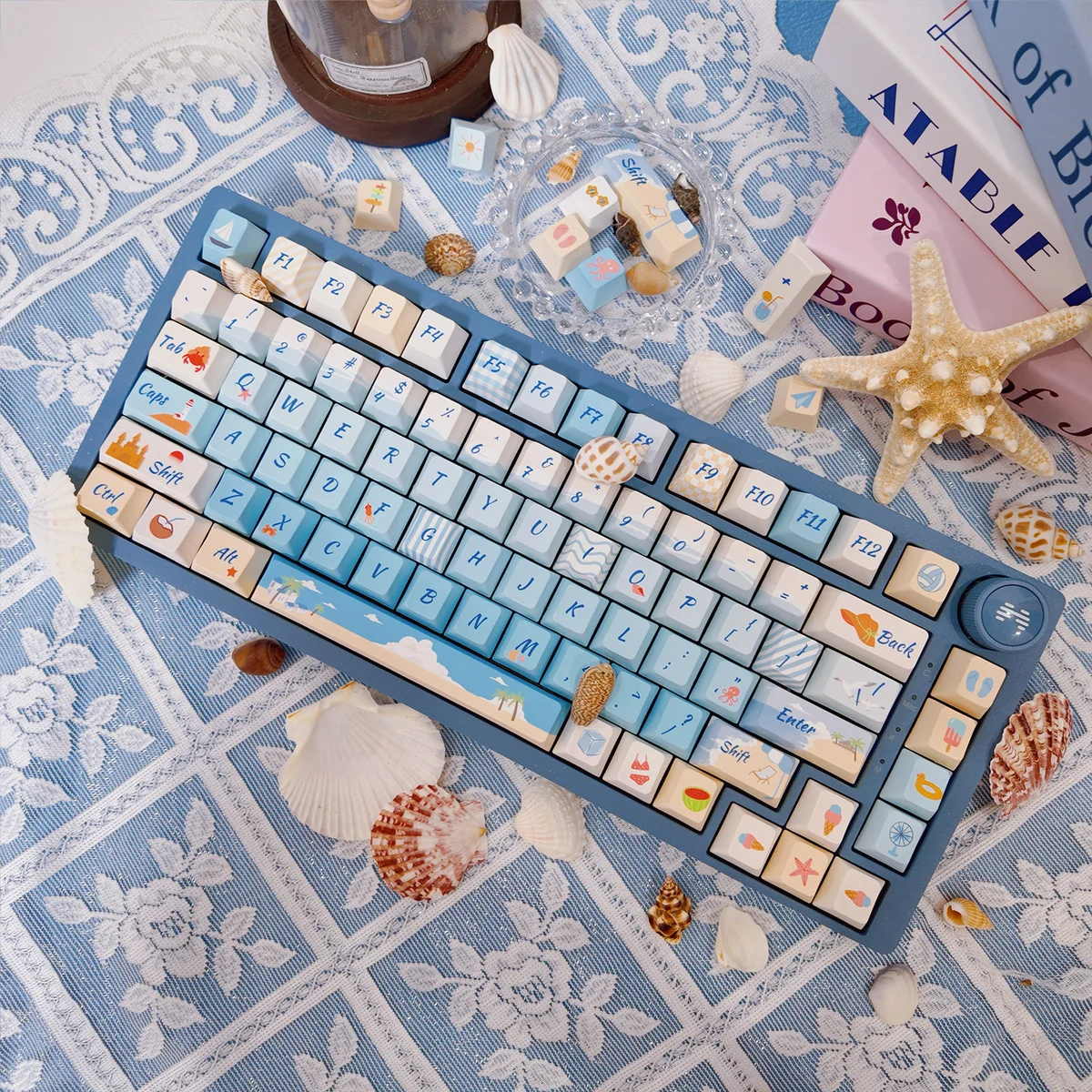 A small full set of opaque PBT dye-sub keycaps set, depicting a vibrant, serene summer beach scene with sun-drenched sands and azure oceans.