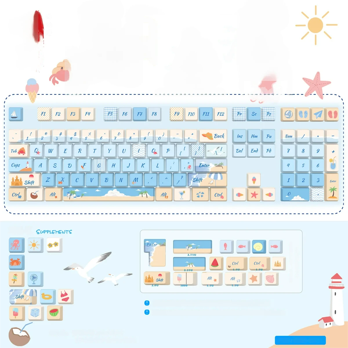 This small full set of front-lit PBT dye-sub keycaps set features an original profile, bringing vibrant summer beach artistry to life.