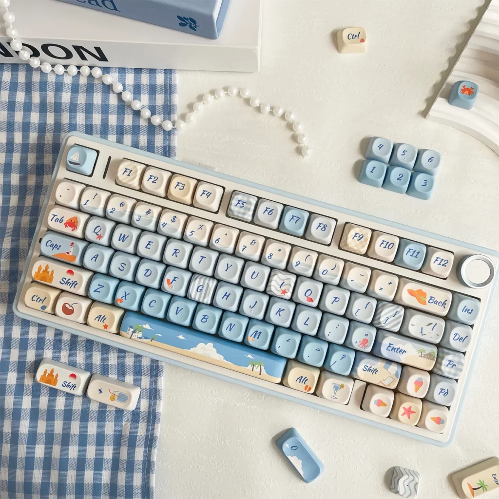 Vibrant Serene Summer Beach PBT Dye-Sub Keycaps Set showcasing durable PBT and vivid dye-sublimation with sun-drenched beach and azure ocean motifs.