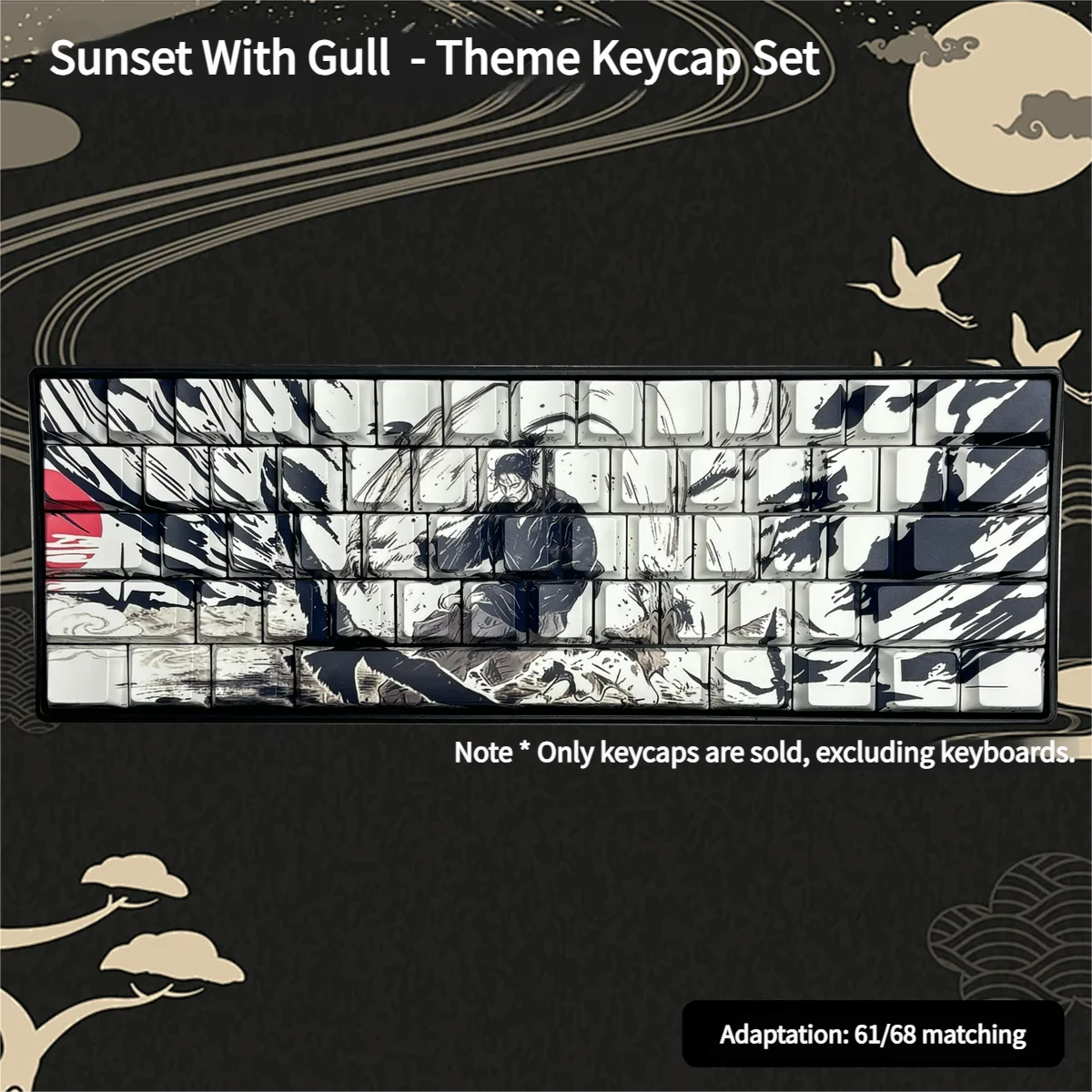 Artistic PBT dye-sub side-printed Sunset With Gull keycaps set, showcasing serene Chinese ink art of seagulls over calm waters from various angles.