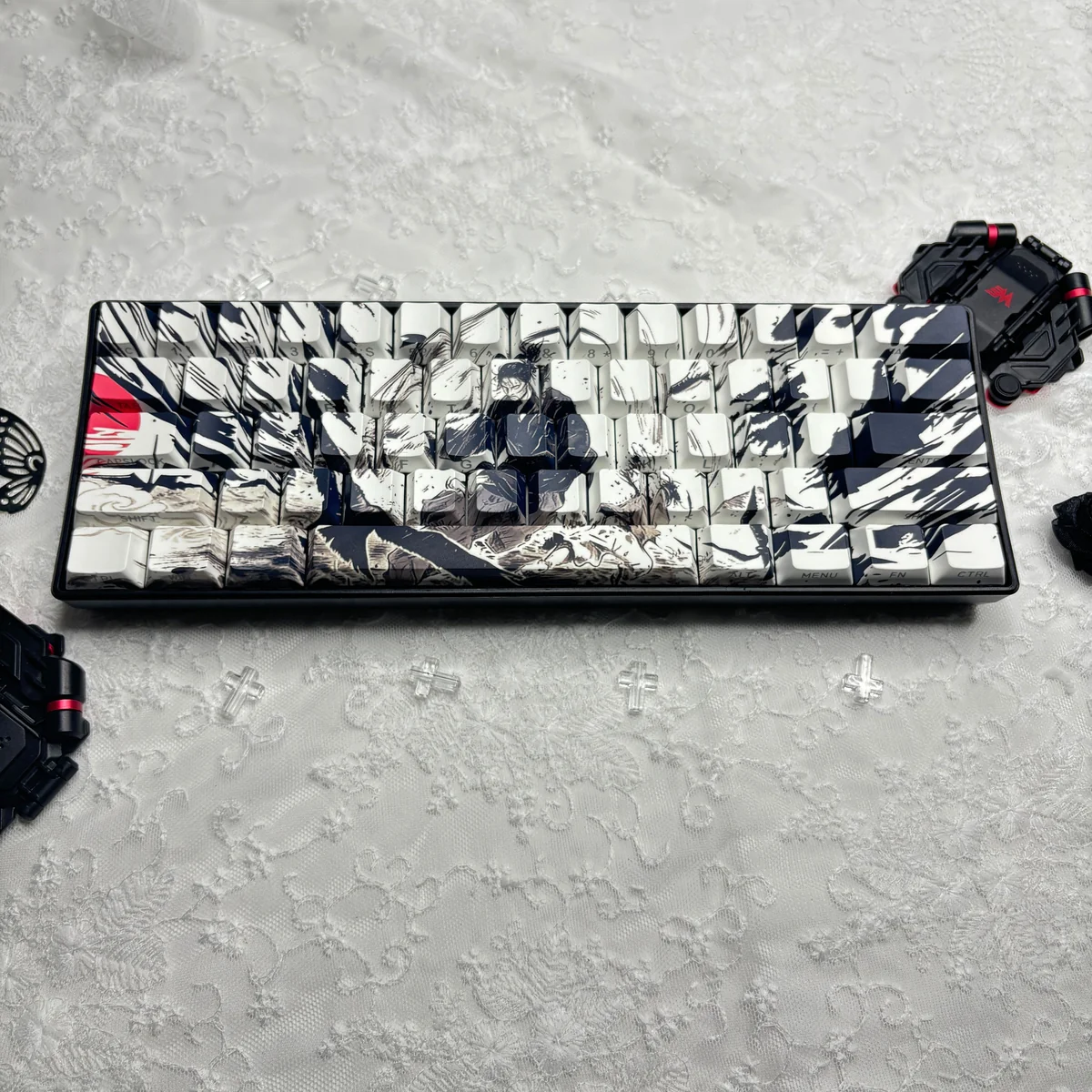 Artistic PBT Sunset With Gull Keycaps Set, dye-sublimated with serene side prints depicting traditional Chinese ink art of seagulls at sunset over calm waters.