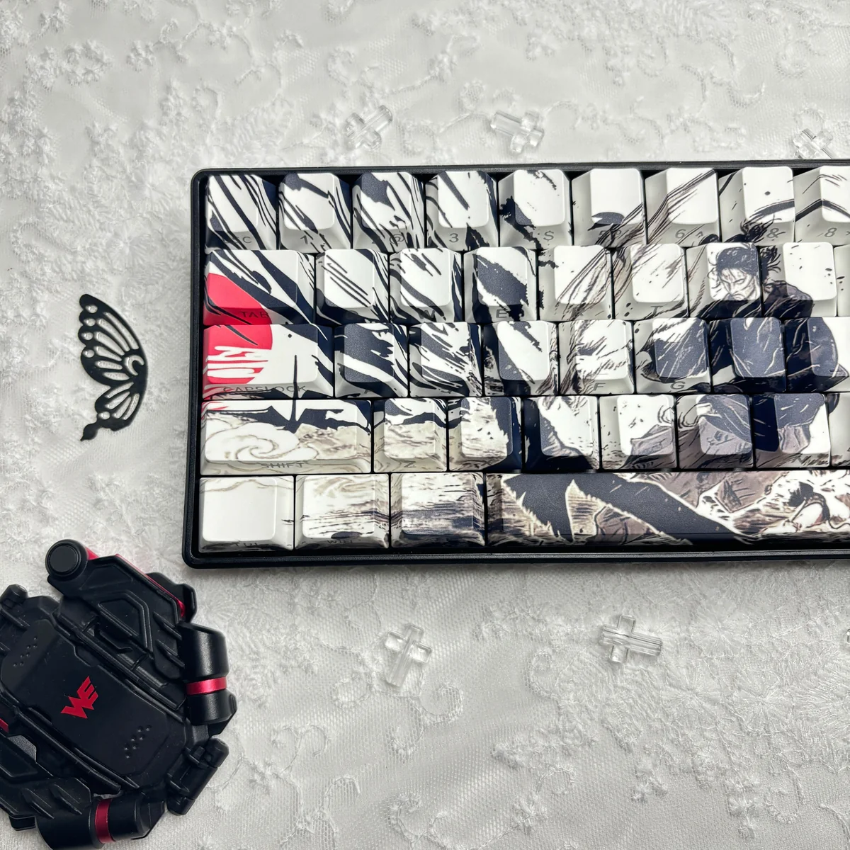 A close-up view of the artistic Sunset With Gull PBT side-printed keycaps set, highlighting the serene Chinese ink art with flying seagulls over calm waters.