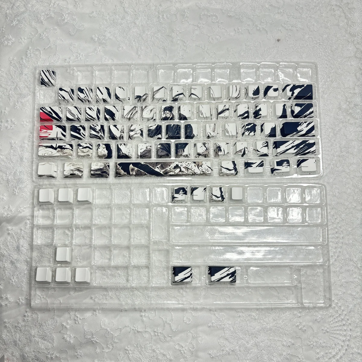 Artistic PBT dye-sub side-printed Sunset With Gull keycaps set showcasing serene Chinese ink art with flying seagulls over calm waters, detailed view.