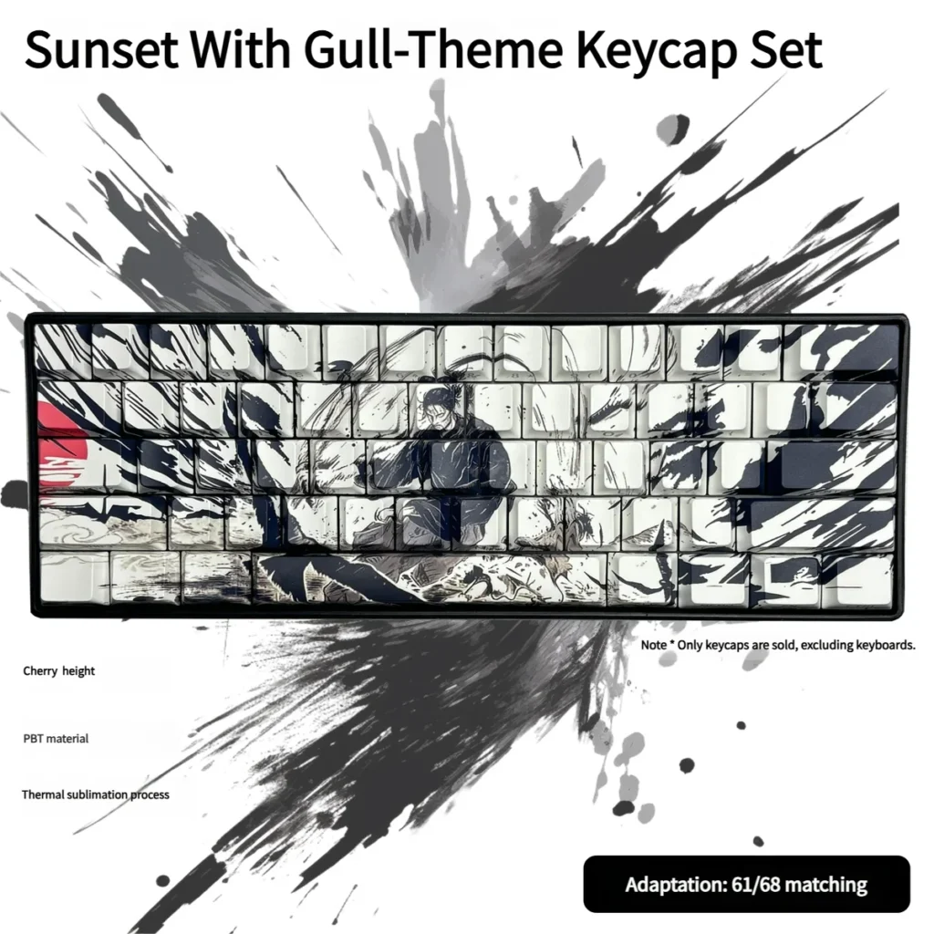 Artistic Sunset With Gull Keycaps PBT side-printed set showcasing serene traditional Chinese ink art with flying seagulls gliding over calm waters.