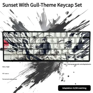 Artistic Sunset With Gull Keycaps PBT side-printed set showcasing serene traditional Chinese ink art with flying seagulls gliding over calm waters.