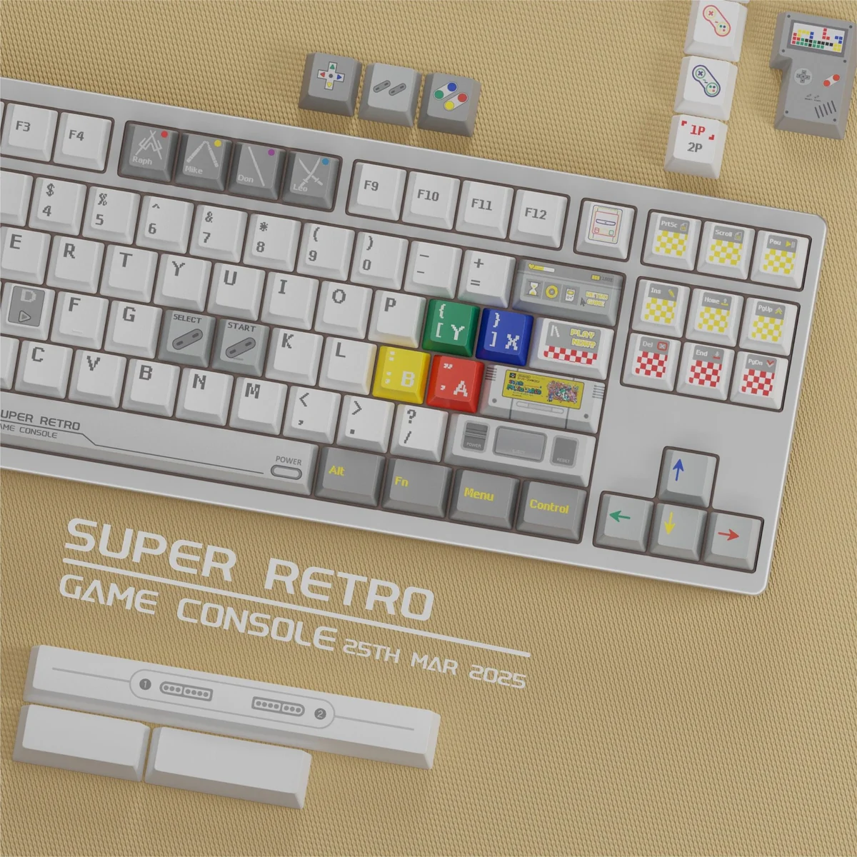 Multiple views of durable PBT Super Retro keycaps set, showcasing vibrant dye-sub pixel art and iconic retro gaming characters. A premium nostalgic set.