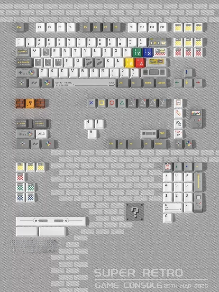 Durable PBT Super Retro keycaps set gallery. Vibrant dye-sub pixel art of iconic retro characters shown from multiple angles. Nostalgic, premium.