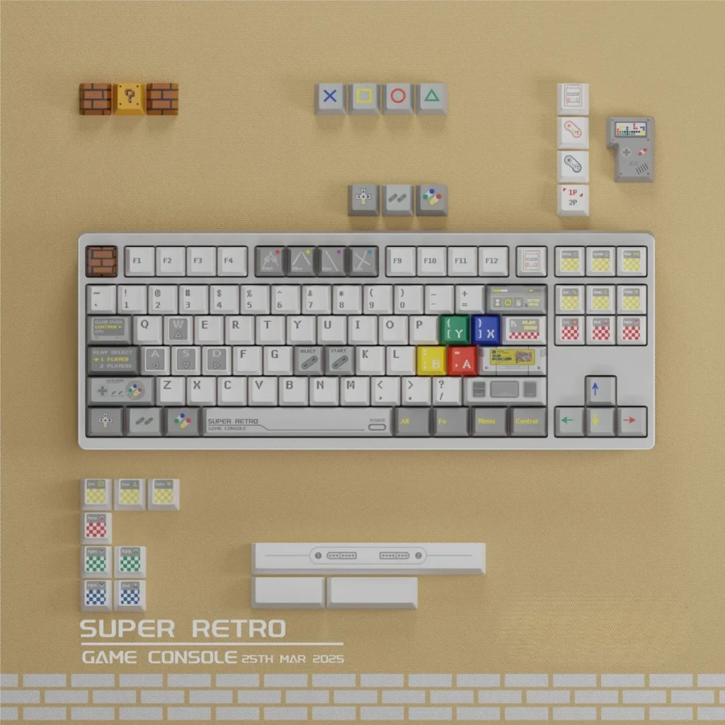 Vibrant Super Retro PBT Keycaps featuring iconic pixel art characters and retro gaming designs, offering a durable and nostalgic keyboard upgrade.