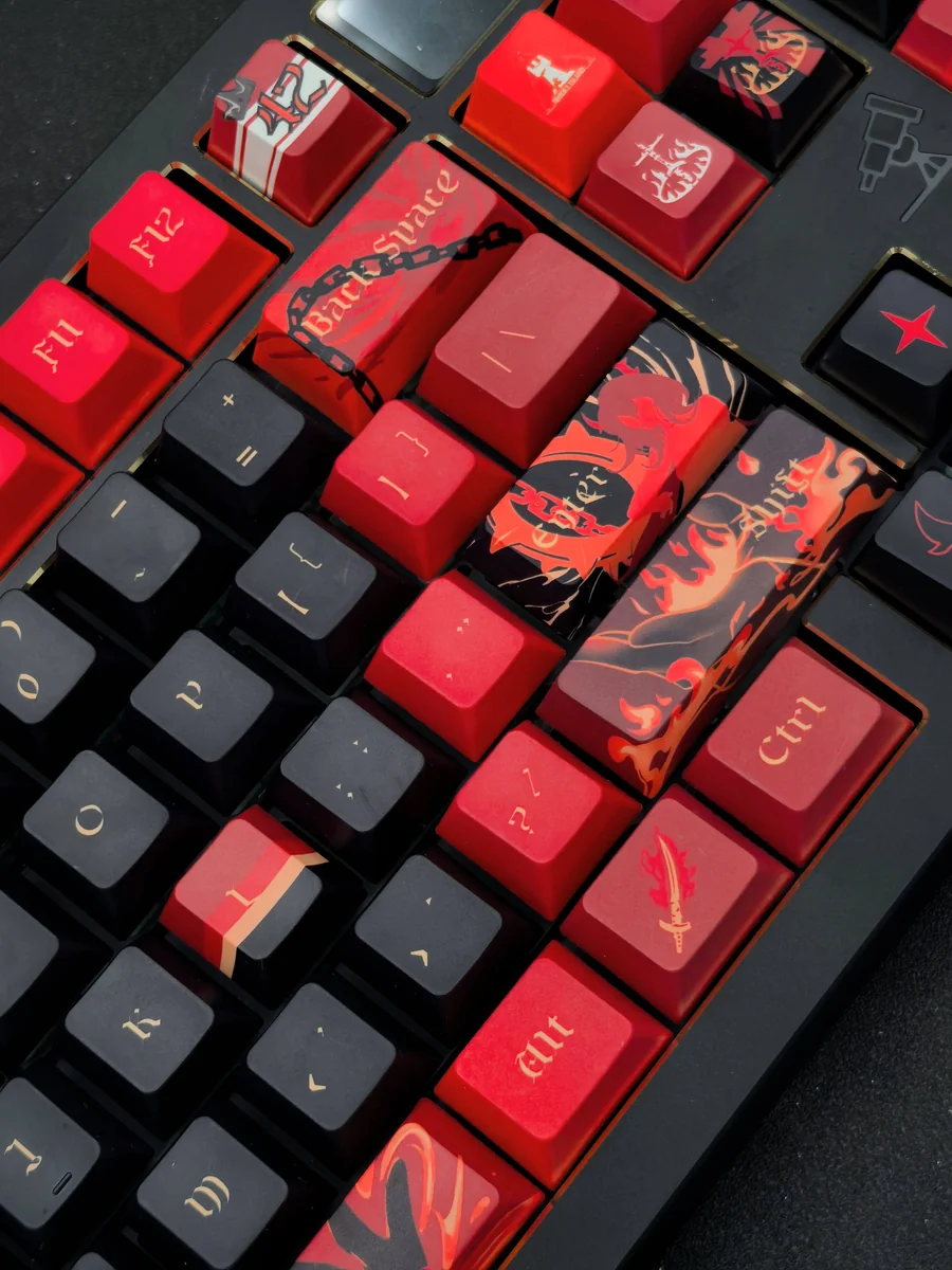 Different angle of the exquisite handcrafted Fiery Surtr artisan keycap set, highlighting its molten lava textures and powerful demonic aesthetic on keyboard.