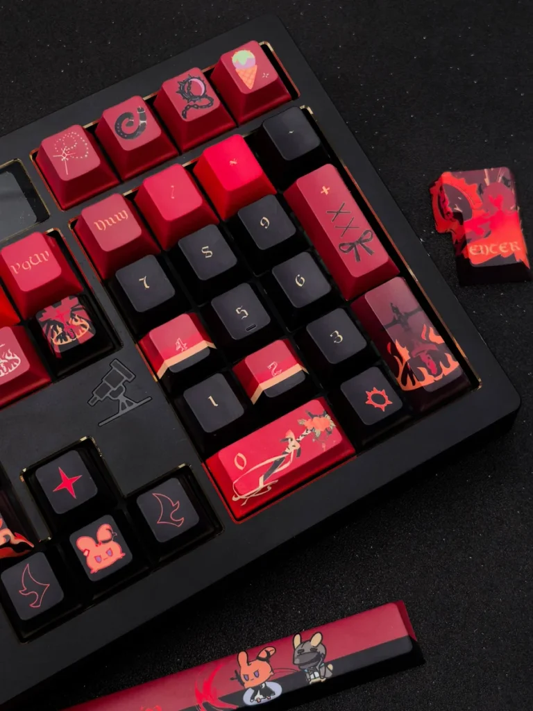 Close-up side view of the exquisite handcrafted Fiery Surtr artisan keycap set, showcasing its molten lava textures and powerful demonic design.