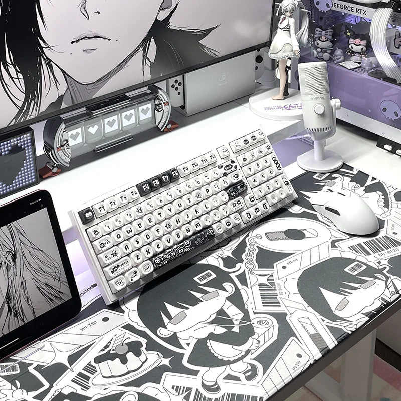 Whimsical Ghibli Susuwatari PBT dye-sub keycaps set, showing various angles. Dark background, playful Soot Sprites for a nostalgic keyboard.