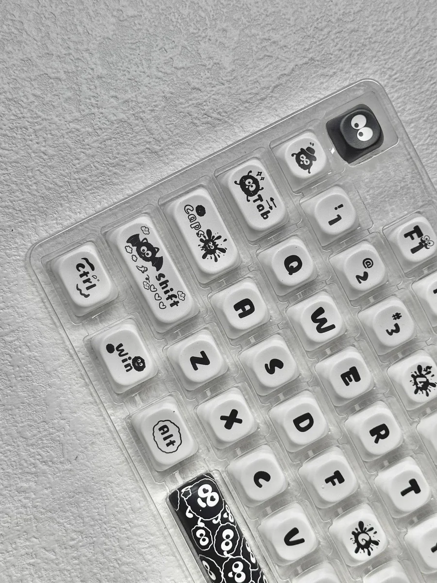 Susuwatari PBT Dye-sub keycaps set displayed on a minimalist background, showcasing the enchanting and playful characters.