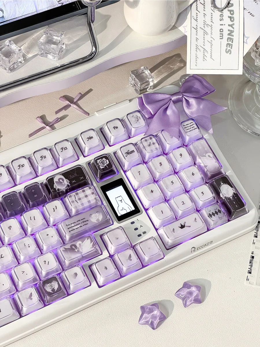 Gallery views of the handcrafted Ethereal Swan Realm Keycap Set, highlighting its ethereal swan motif, translucent amber, and deep purple double-layer art.