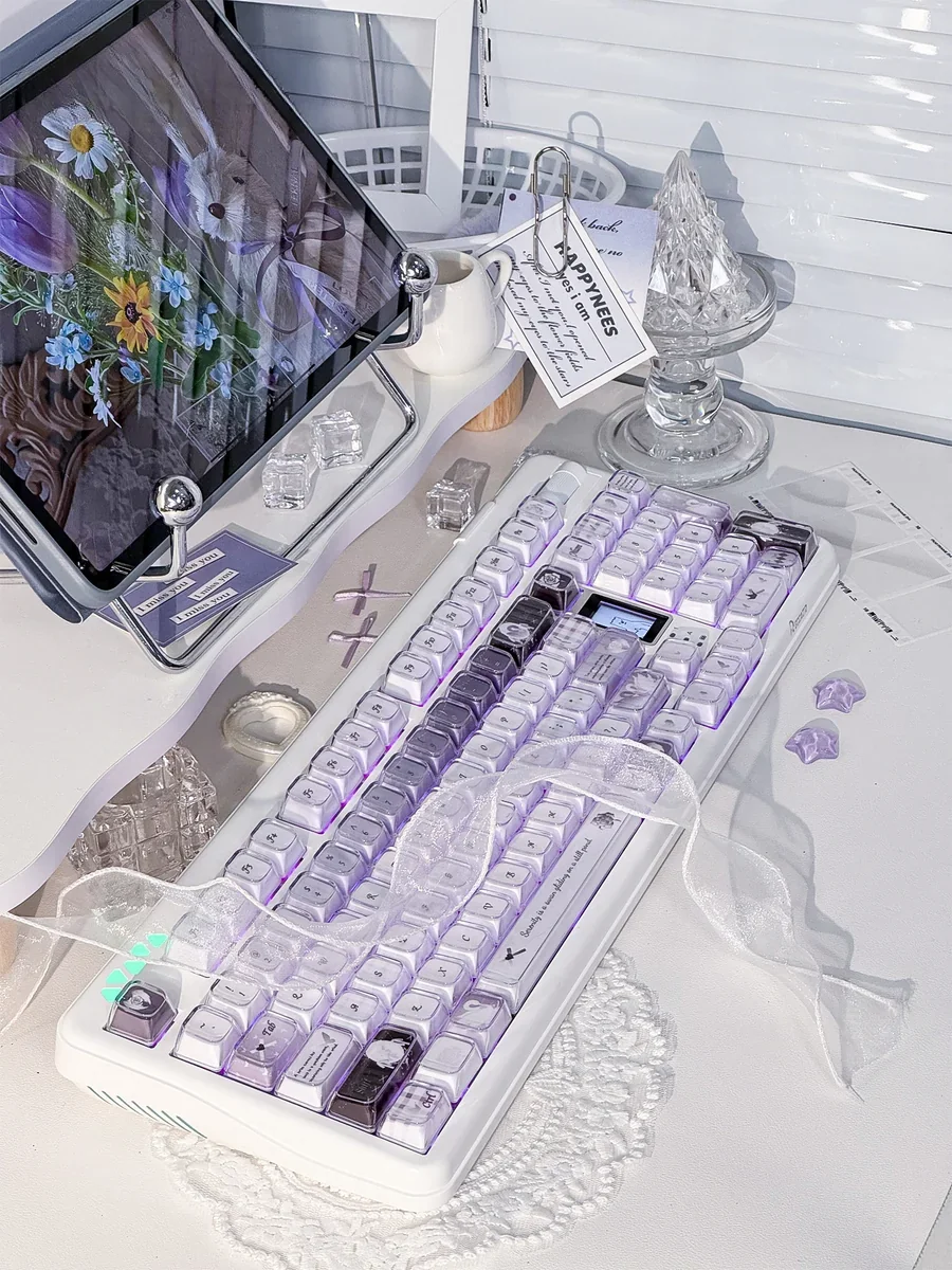 Handcrafted Ethereal Swan Realm Keycap Set. Multiple views showcasing translucent double-layer amber, deep purple hues, and delicate swan motif.