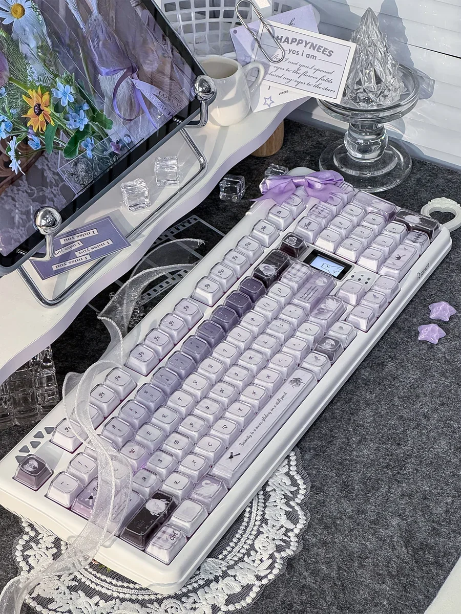 Multiple views of the handcrafted Ethereal Swan Realm Keycap set, showcasing its translucent amber and deep purple double-layer design with an intricate design.