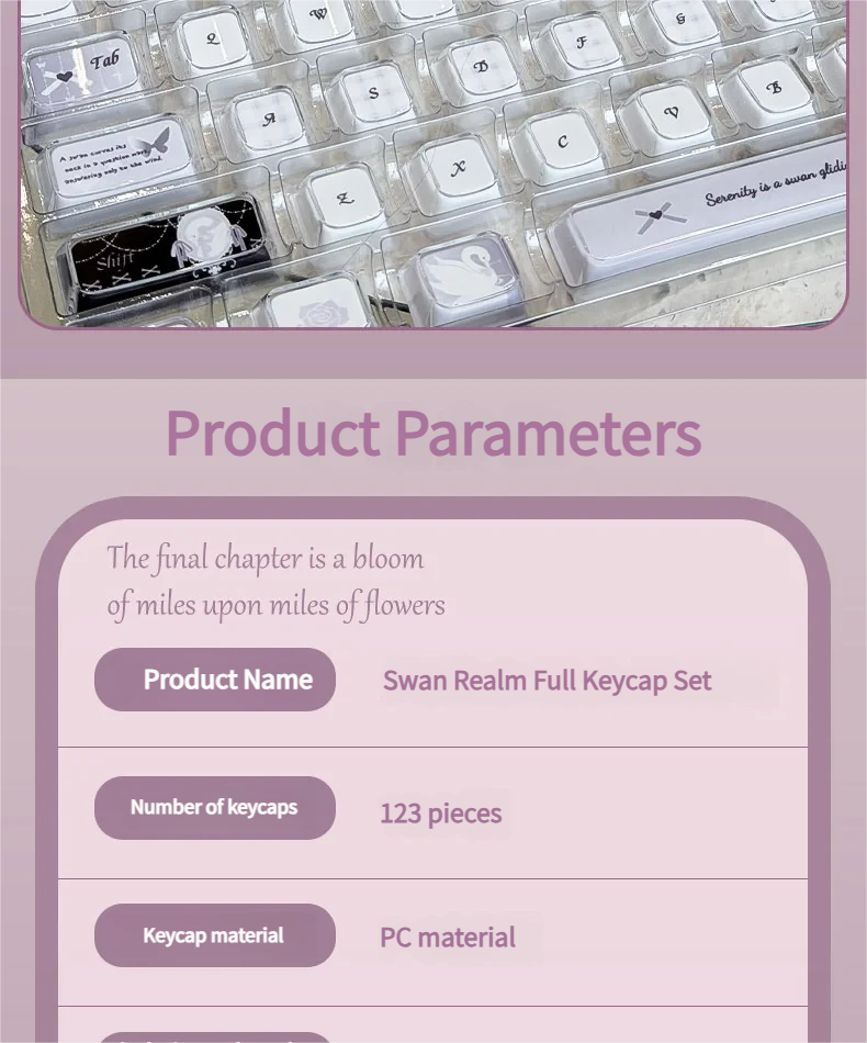 Multiple views of the handcrafted Ethereal Swan Realm Keycap set, showcasing its translucent amber and deep purple double-layer design with an intricate design.