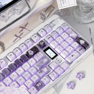 Handcrafted Ethereal Swan Realm Keycap Set showcasing its translucent amber and deep purple double layers, an artistic and unique design.