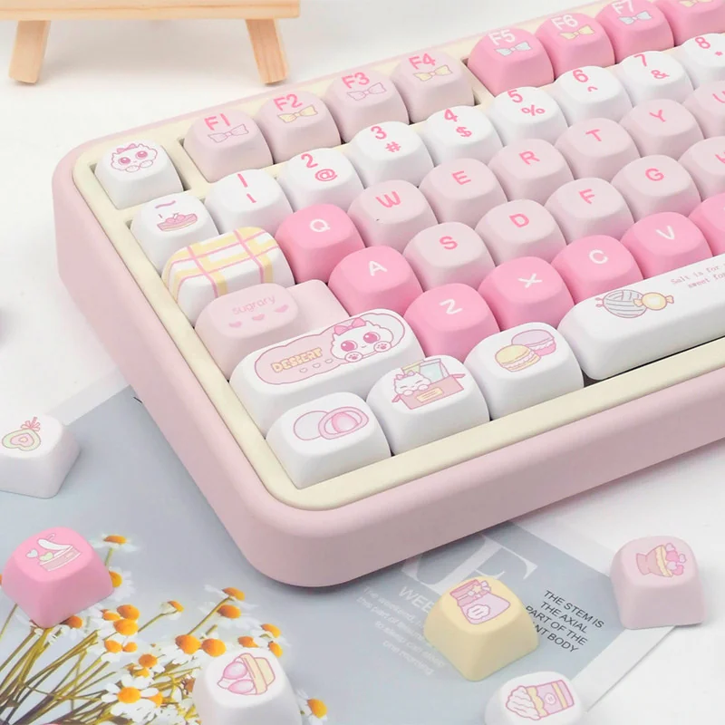 Sweet cat keycaps set, PBT MOA profile, shown from various angles. Whimsical pastel feline designs highlight durable PBT for cozy, playful keyboard charm.