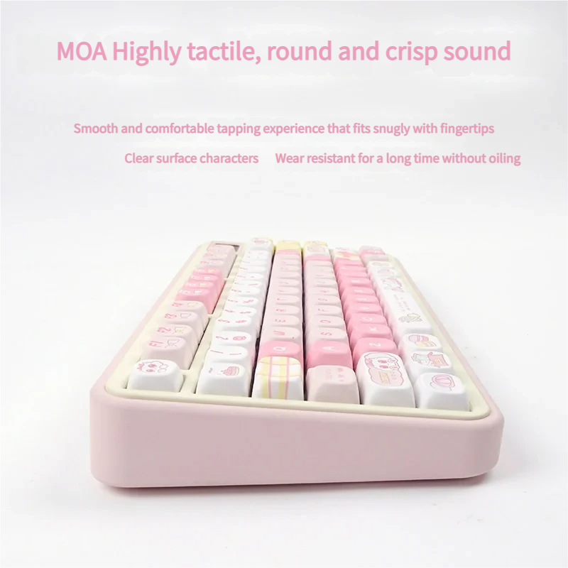 Delightful Sweet cat keycaps set in MOA profile, showcasing charming PBT designs from multiple angles. Features whimsical pastel cat motifs and cozy feline design.