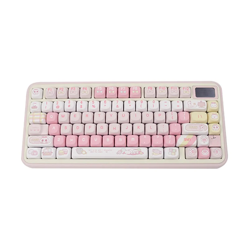 Sweet Cat Keycaps Set PBT MOA Profile set. Gallery shows whimsical pastel cat motifs from various angles, highlighting durable PBT and cozy uniform MOA.