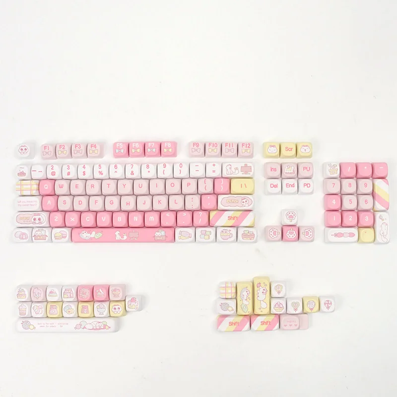 Playful PBT MOA profile Sweet cat keycaps set in a sweet canned design, a 130-key set for full keyboard layouts, featuring whimsical pastel feline art.