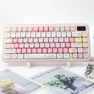 Sweet Cat Keycaps PBT MOA profile set showing charming whimsical cat motifs in pastel hues, highlighting durable PBT material for a cozy keyboard.