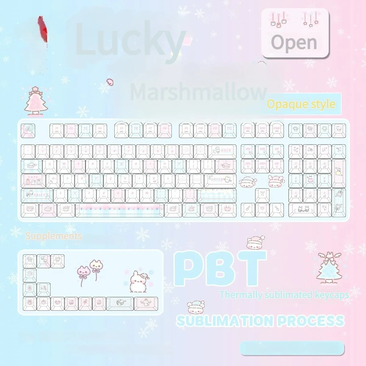 A whimsical collection of Sweet Marshmallow PBT dye-sub keycaps set, displayed from multiple angles. Features soft pastel hues for a cozy, playful aesthetics.