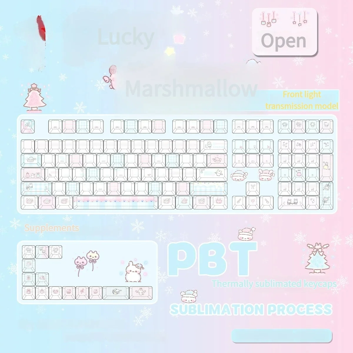 Sweet Marshmallow PBT dye-sub keycap set, with shine-through legends, featuring soft pastel hues for a whimsical and cozy keyboard.