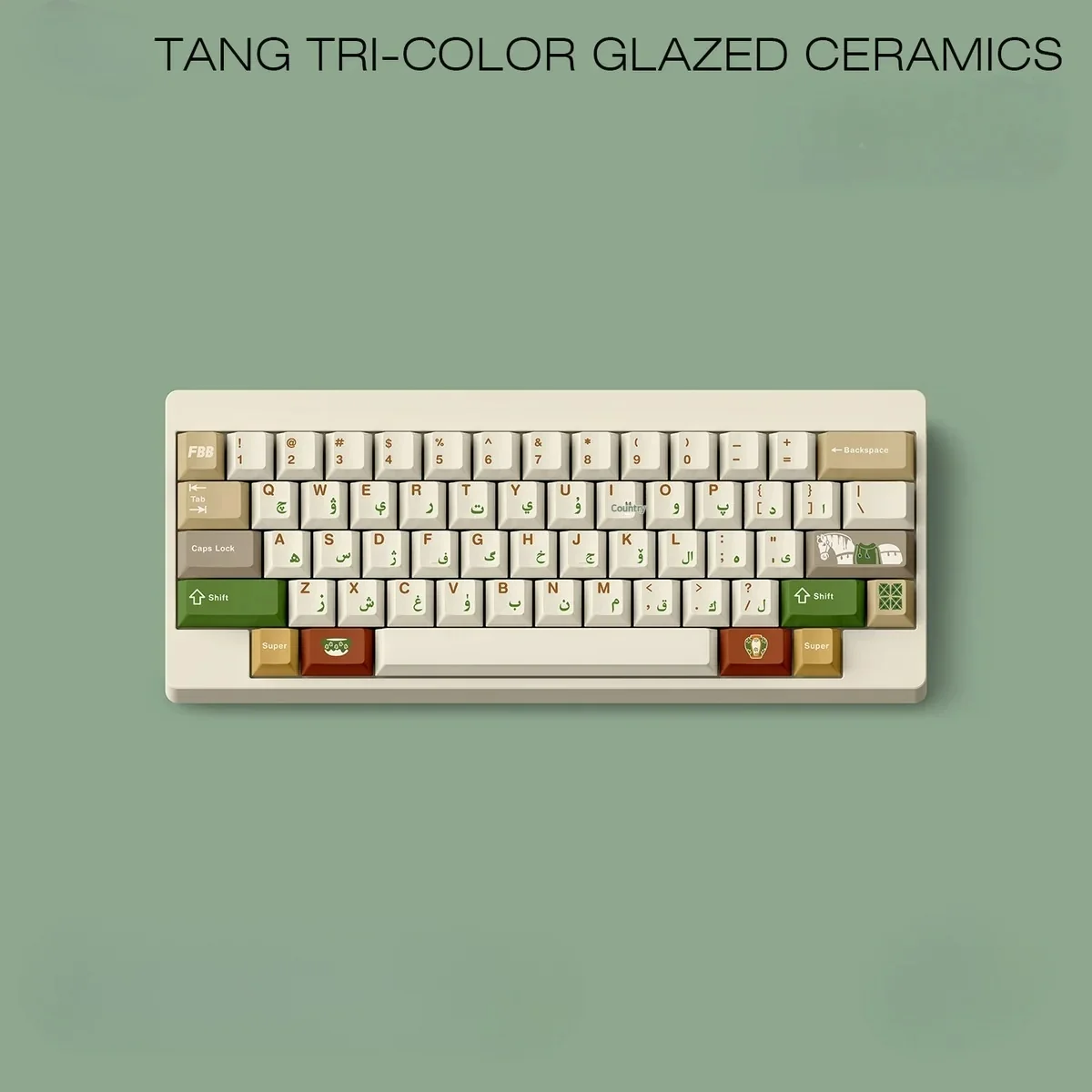 Tang Tri-Color Uyghur PBT keycaps set in a gallery view, revealing rich earthy glazes and unique artistic Uyghur legends from every angle.