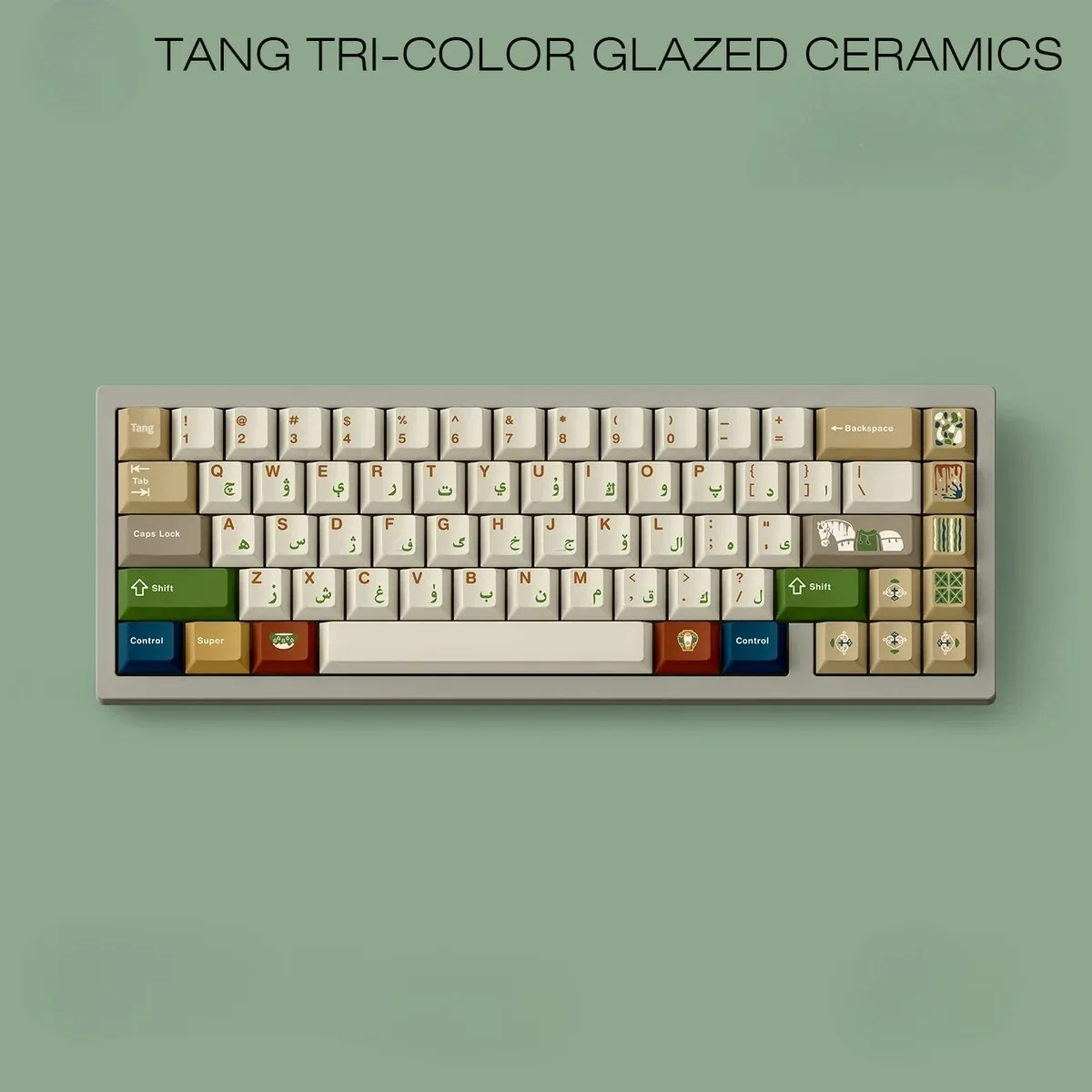 Tang Tri-Color Uyghur PBT keycaps set, artfully displayed from various angles, highlighting its rich earthy glazes and unique Uyghur legends.