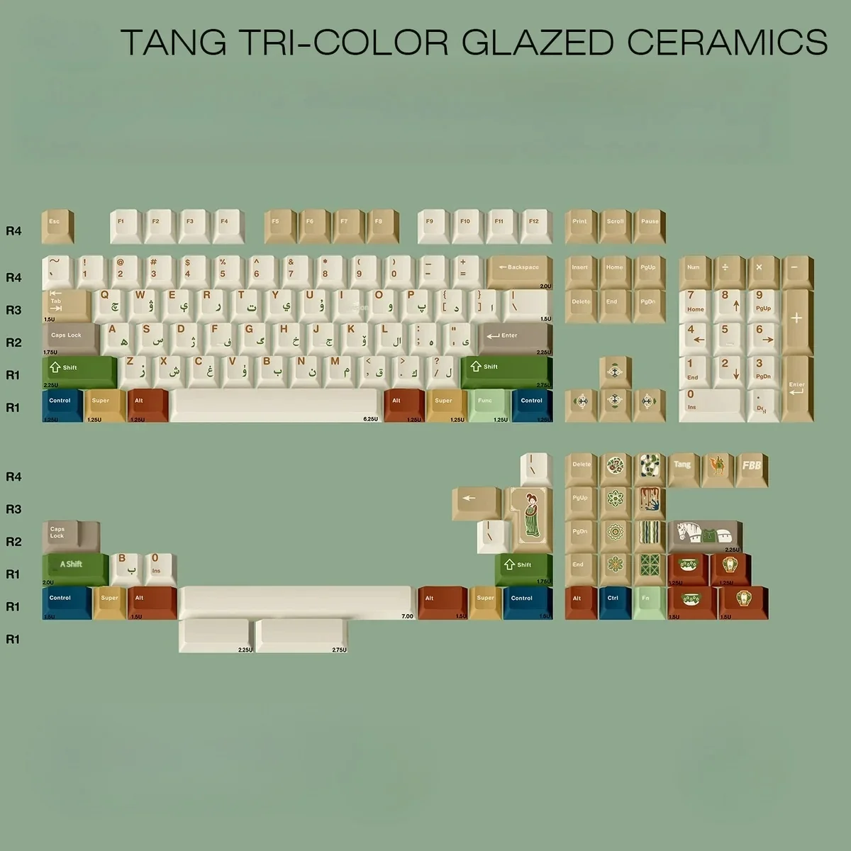 Artistic Tang Tri-Color Uyghur PBT keycaps set, displaying rich earthy glazes and distinctive Uyghur legends from multiple angles.