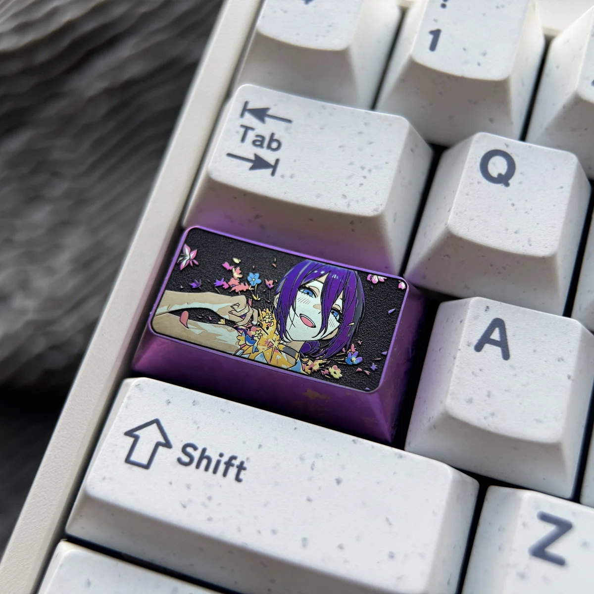 Reze Titanium Keycap: a premium titanium alloy keycap with exquisite anodized purple ice crystal artistry. This view highlights its intricate metallic
