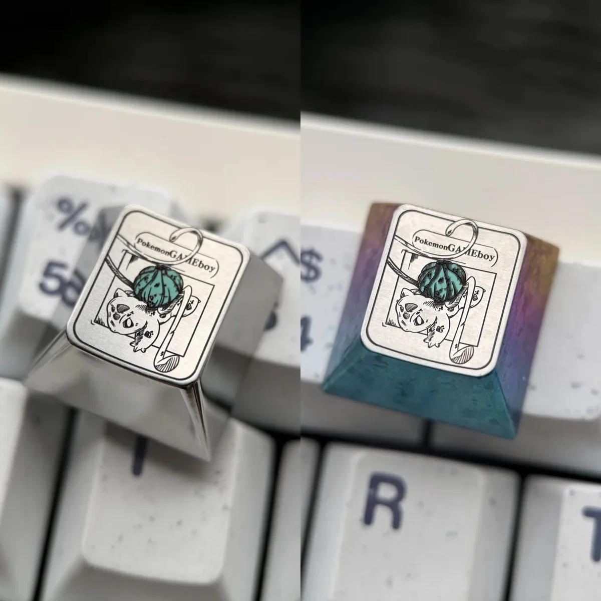 Vibrant handcrafted iridescent titanium Bulbasaur Pokemon keycap. A premium artisan accessory for keyboard enthusiasts.