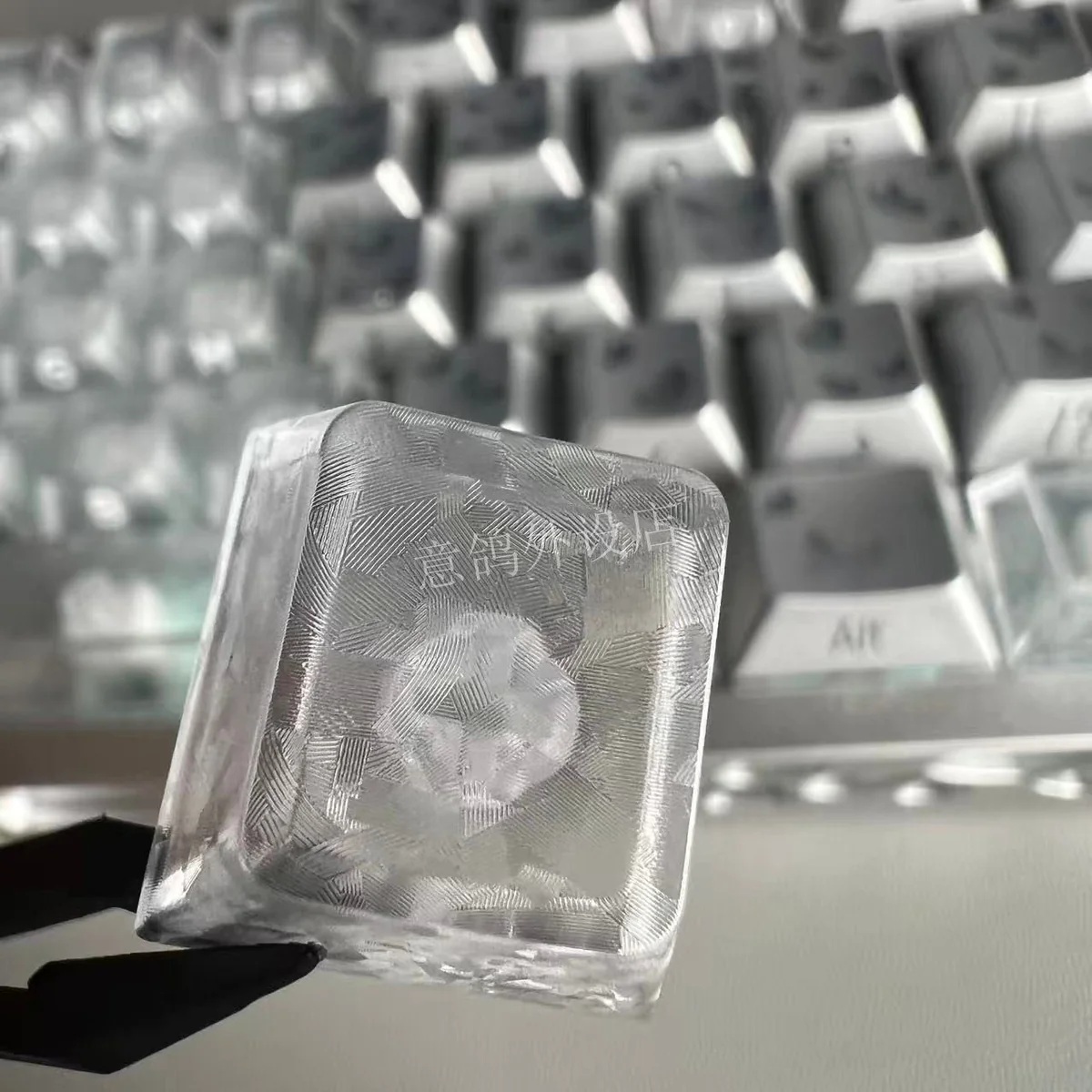 Premium forged carbon keycaps set gaming set, showcasing various angles of the unique texture and sleek side-lit legends.