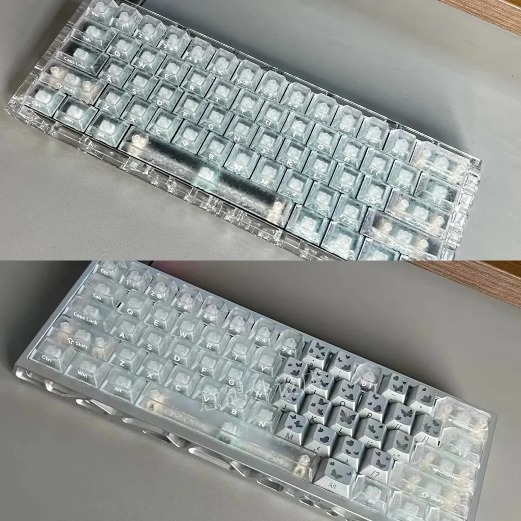 Premium forged carbon keycaps set display their unique texture and sleek side-lit legends, perfect for a high-tech gaming setup.