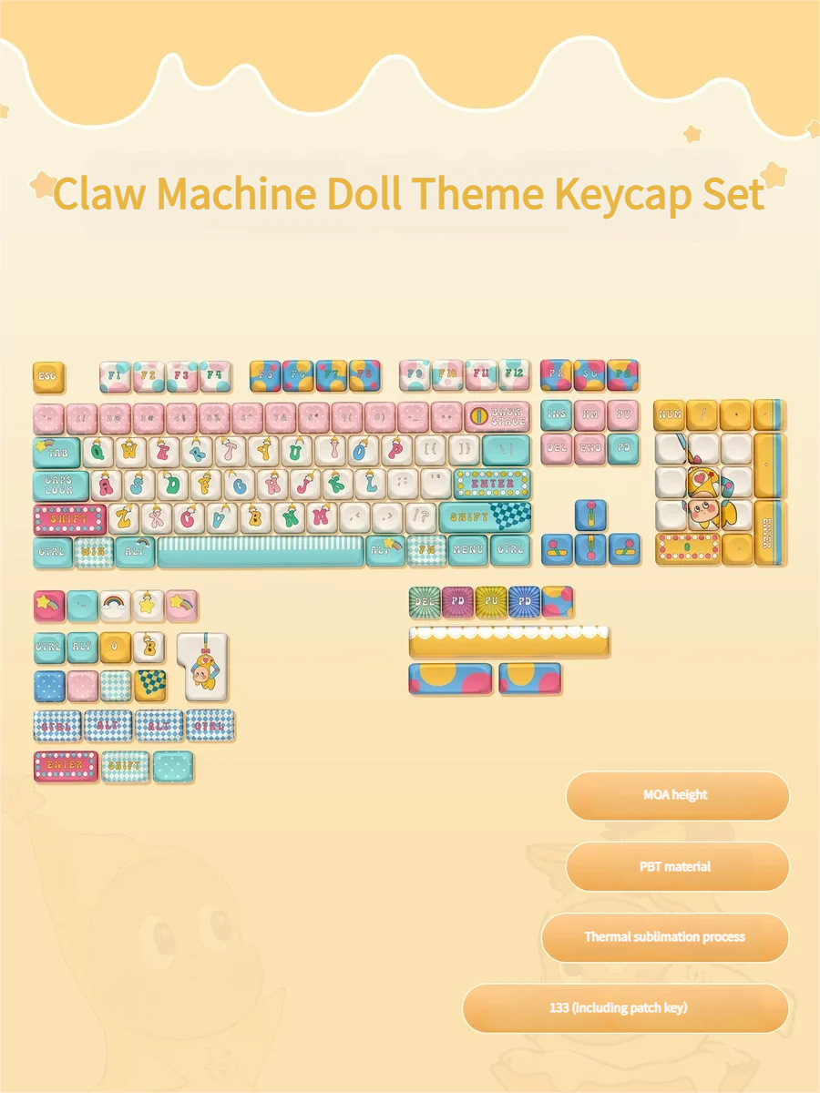 Whimsical claw machine keycap set detailed from various angles, showcasing its intricate miniature arcade design with tiny whimsical prizes inside.